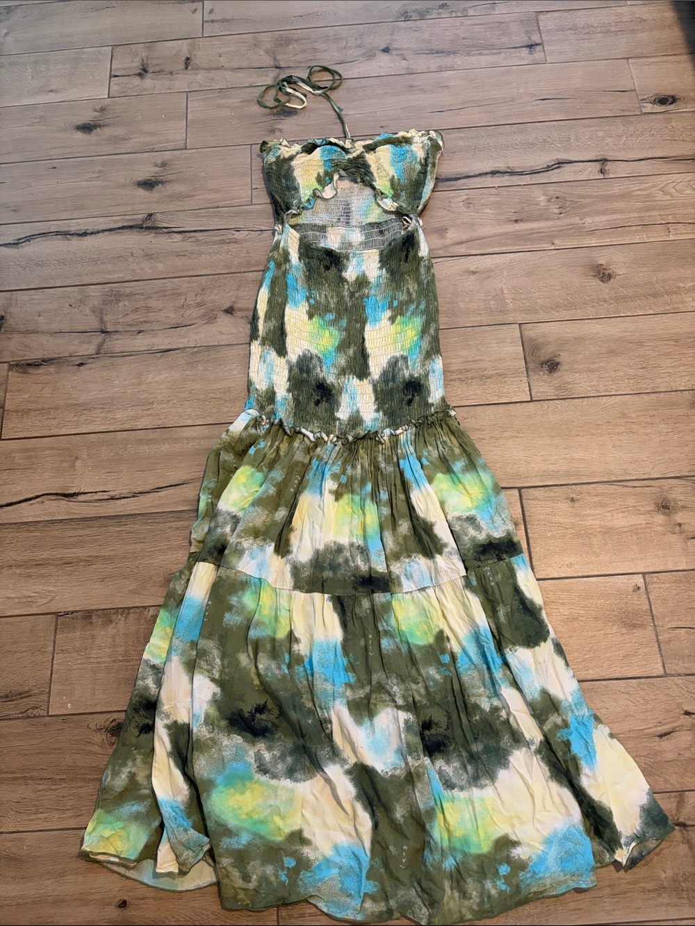 Luxxel Olive, Blue and Cream Tie-Dye Halter Maxi Dress